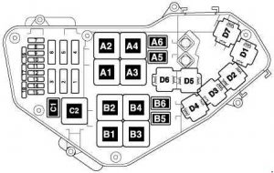 Audi Q7 - fuse box diagram - relay and fuse carrier in electronics box engine compartment (petrol engine)