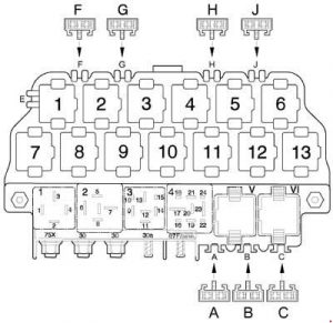 Volkswagen New Beetle - fuse box diagram - fuses on the 13 position additional relay carrier above the relay plate