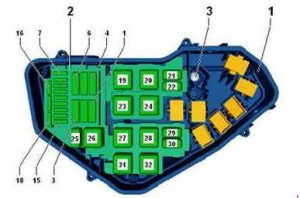 Volkswagen Toured - fuse box diagram -engine compartment relay & fuse box (3.0l, V6 diesel engine (CJGD, CJMA, CRCA, CNRB))