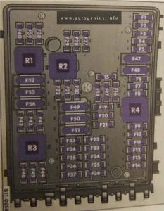 Volkswagen Golf 6 (mk1, Type 1K; 2008 - 2012)- fuse and relay box diagram - engine compartment