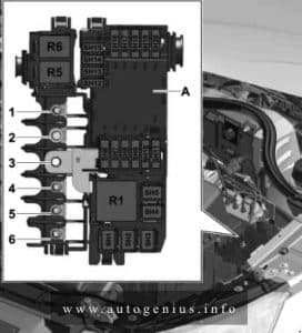 Audi A1 (8X; 2010 - 2018) - fuse and relay box diagram - engine compartment (holder B/holder H)