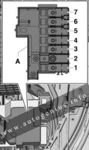 Audi A1 (8X; 2010 - 2018) - fuse and relay box diagram - engine compartment (holder B)Audi A1 (8X; 2010 - 2018) - fuse and relay box diagram - engine compartment (holder B)