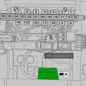 Volkswagen Crafter (Type 2E/2F; 2006 - 2016)- fuse and relay box diagram - passenger compartment (under drive seat) - after the May 2013