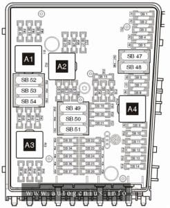 Volkswagen Jetta (V, Type 1K; 2005 - 2010)- fuse and relay box diagram - engine compartment (high)