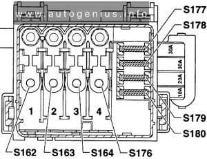 Volkswagen Polo (6N/6KV; 1997 - 1998) - fuses and relay box diagram - engine compartment