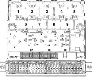 Volkswagen Polo (6N/6KV; 1997 - 1998) - fuses and relay box diagram - passenger compartment